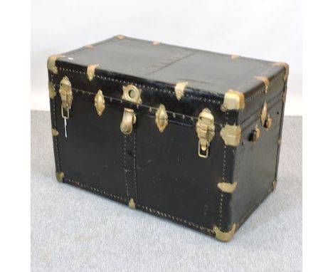 An American black leather travelling trunk, with a fitted interior, 92cm