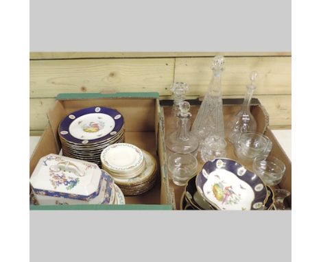 Two boxes of china and glass, to include Spode plates and decanters