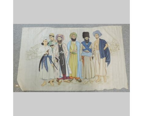 Turkish School, a portrait group of four Turkish gentlemen, gouache on silk, unframed, 90 x 153cm