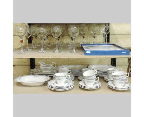 A Royal Doulton Langdale pattern part dinner service, together with a collection of wine glasses and a Worcester cakestand