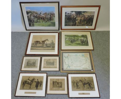 A collection of ten equine and hunting prints, together with a map of Norfolk, largest 61 x 47cm