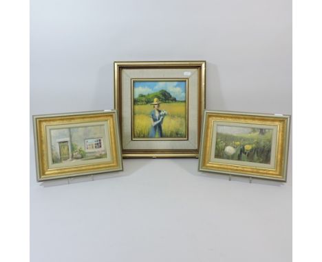 Jon Peaty, flowers, oil on board, 12 x 17cm, together with another by the same hand, and R. Slater, a lady in a field, oil on