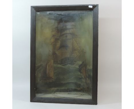 A painted diorama, depicting a ship at sea and inset with a compass, 48cm