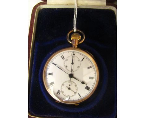 A late 19th century 14ct yellow gold chronograph pocket watch, white enamel dial, offset dials at twelve and six, fitted case