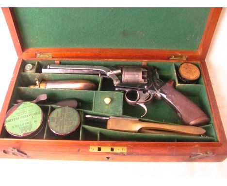 A 54 Bore five shot Tranter patent revolver circa 1856, with fitted case containing powder flask, nipple screw, bullet mould 