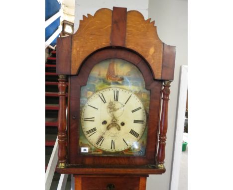 A Georgian mixed wood cased longcase clock, the 11 1/2 painted Roman dial with twin winding holes and calendar aperture, the 