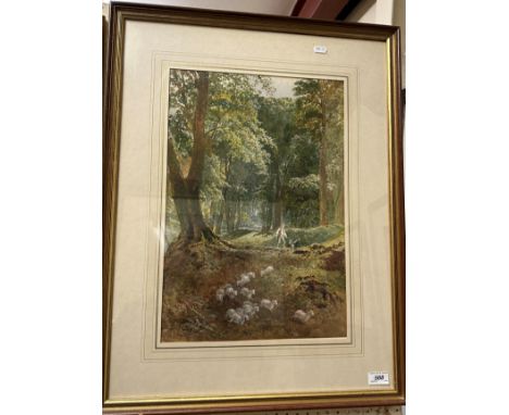 GEORGE HAYDOCK DODGSON (1811-1880) "Shepherd and sheep in a woodland", watercolour, heightened with white and body colour, si