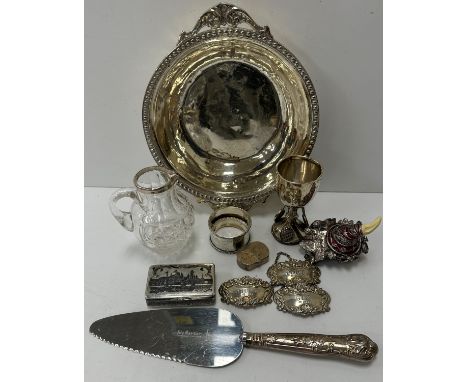 A collection of silver, white metal and plated wares to include a set of three wine tags inscribed "Gin", "Whisky" and "Port"