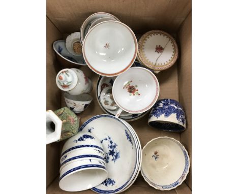 Two boxes of various china wares to include three 18th Century blue and white Worcester / Worcester type tea bowls and saucer