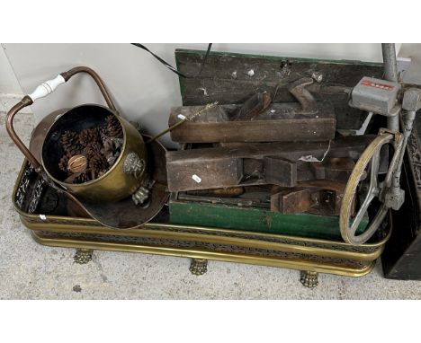 A collection of various treen and metal wares including two jack planes, two further planes, a wooden mallet, a Trumpeter sur