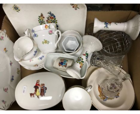 A box of various china wares to include Adderley floral pattern tea cups, a small quantity of Elizabeth II Royal commemorativ