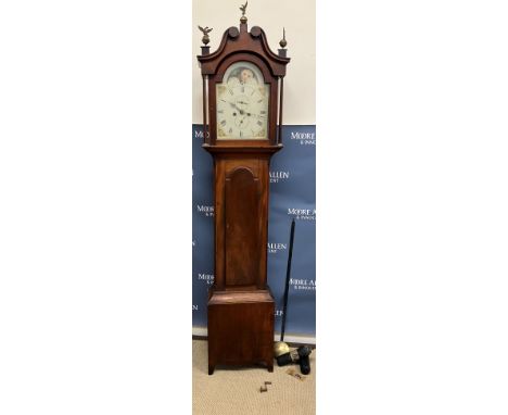 A 19th Century mahogany cased long case clock, the eight day movement with sun and moon phase arched dial, the chapter ring w