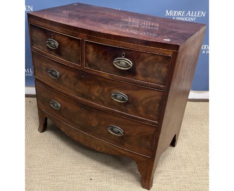 A 19th Century mahogany bow fronted chest of two short over two long drawers on bracket feet, 86 cm wide x 50 cm deep x 82 cm