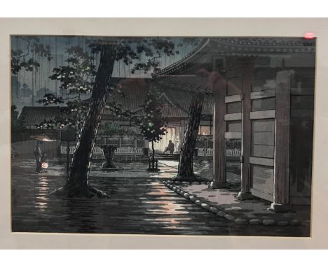AFTER TSUCHIYA KOITSU "Takanawa Sengakuji Temple (1933)", study of woman and child at night in the rain, another figure in a 