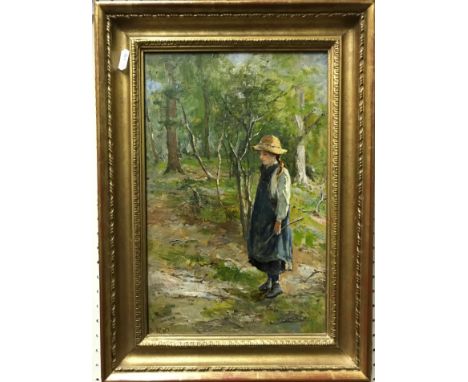 ERNEST CHARLES WALBOURN (1872-1927) “In the coppice”, study of a young girl holding a stick”, oil on board, monogrammed lower