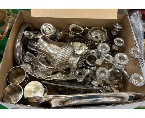 A box of various plated wares to include various trays, salvers and dishes, baluster sugar, sauce boat, cream jug, candlestic