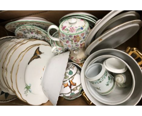 A box of various china wares including a small quantity of Mintons Haddon Hall, two Royal Worcester Evesham pattern tureens a