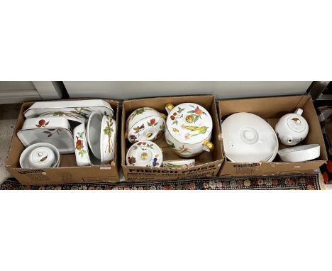 A collection of Royal Worcester "Evesham" pattern dinner wares including tureens, vegetable dishes, teapot, etc (3 boxes)