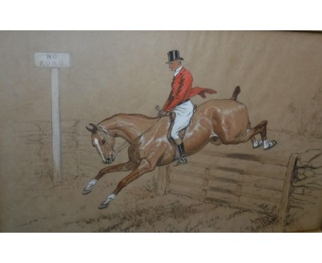 BASIL NIGHTINGALE (1864-1940) "No Road" study of a huntsman on horseback over a gate, pencil and charcoal with white watercol