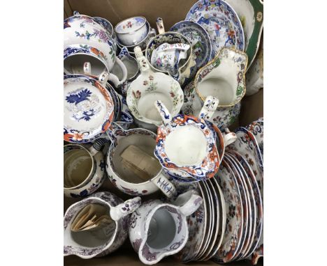 Three boxes of assorted 19th Century and later china to include various pearlware and other jugs, Amherst Japan pattern plate