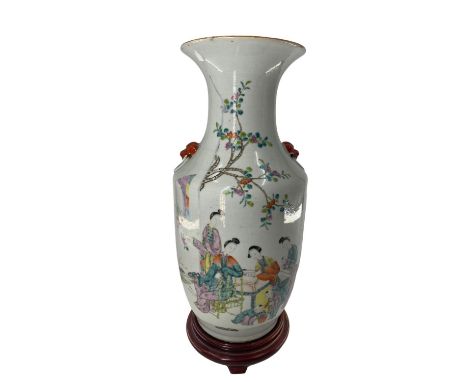 C19th Chinese porcelain baluster vase with famile verte over glaze decoration of noble ladies in a garden with contemporary w