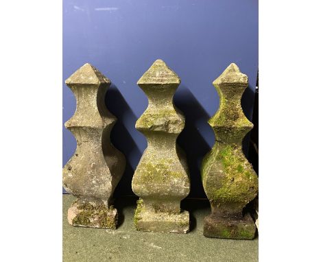 Architectural Salvage: Three decorative carved stone shaped obelisks, as found, see photos for condition, tallest 86cmH (two 