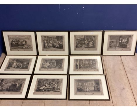 Set of ten etching prints in black glazed frames stamped William Hogarth 25cm x 36cm 