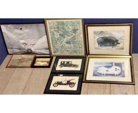 Mixed lot of framed prints to include images of pigs, classic motor etc various sizes 