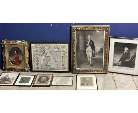Collection of pictured and prints to include an oil on board of a C19th lady in an oval gilt frame, some hand coloured printe