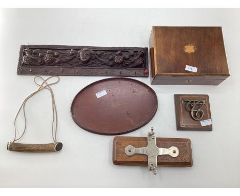 Collection of Misc items to incl desk paper clip, a press, inlaid box, carved oak panel etc 