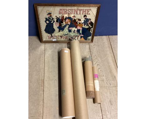 Quantity of vintage posters and prints, various subjects including wines and Paris and a mid century coloured mirror by Goffa