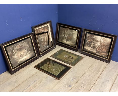 Set of 4 etching style hunting prints in recessed glazed frames, one without glass.  Together with a matched pair of oriental