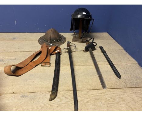 A reproduction/reinactment , Lobster pot helmet on stand, together with studded kettle helmet, tunic, belt and two re-enactme