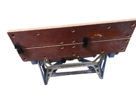 quantity of garden tools, work bench, Black and Decker drill  (all sold as seen and as found, with no guarantees or certs)see