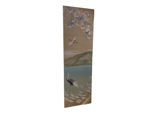 A de Gournay panel, decorated in the Chinese taste, with birds set in a mountainous landscape with lake and fauna 240cm H x 8