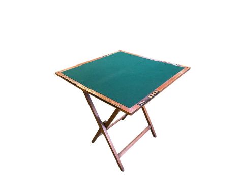 Folding games table, CRIBBAGE,  opening to reveal green baize interior, and fitted games counters to each edge  68cm x 68cm x