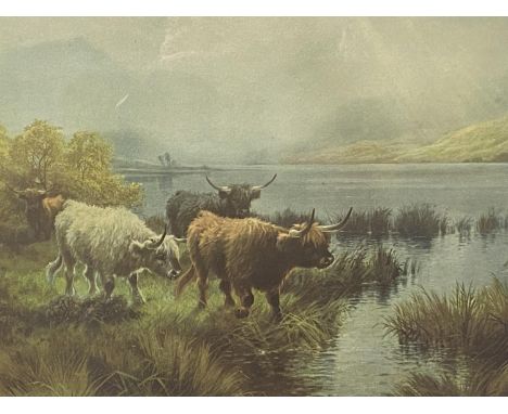 Framed and glazed prints of the Highlands and Cattle, titled on Mount, "Sunrise and Sunset on Loch Katrine/Loch" , 62 x 84cm 