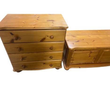 SIX ITEMS of modern pine furniture including small wardrobe, two chest of drawers, trunk and bedside tables&nbsp;Chest of dra