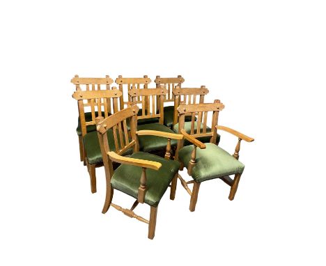 Set of 8 (6 +2carvers) light honey coloured oak country dining chairs, in an arts and crafts/Cotswold school taste, with gree