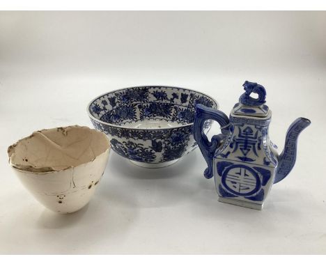 An Oriental Blue and White bowl, overglazed six character mark t base, together with other oriental style ceramic items 