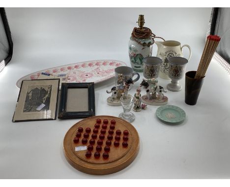A mixed collection of ceramics to include an HB Quimper France oval platter, an oriental style lamp, creamware jug etc 