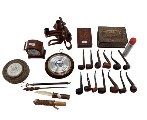 A collection of miscellaneous items to include a collection of vintage pipes, boxes, paper knives, wall barometer etc 