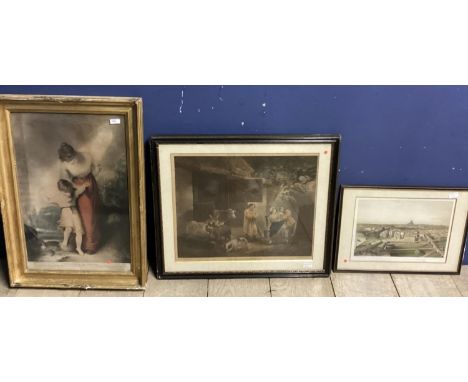 Three etching prints, The Cowherd and Milkmaid; and Crossing The Brook, and another 