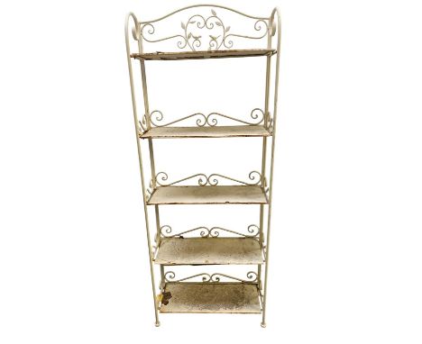 Vintage style rustic and slightly rusty narrow metal shelving unit, with scrolling iron work design to top and sides 66cm W x