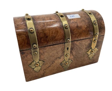 Walnut and brass bound dome topped tea caddy, 24 x 18 x 12cm 