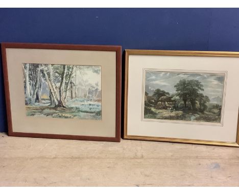 G DIGBY, English school, watercolour of a woodland scene in a glazed frame, 27 x 37cm; and a glazed etching print of a countr
