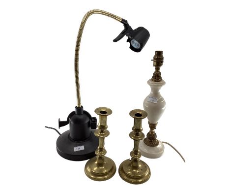 Pair of gilt brass candle sticks and a modern adjustable wall lamp and one other 