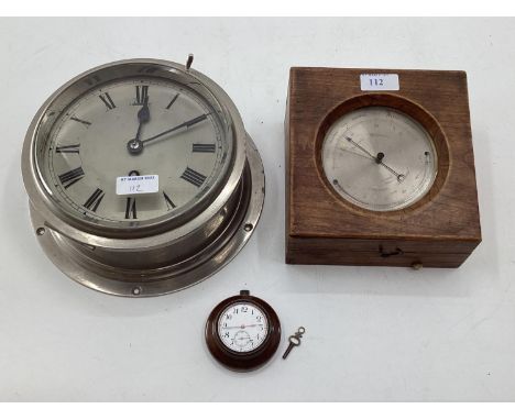 A boxed gilt brass ships barometer in oak case by E J Dent, Paris, and a ships clock and a small bakerlite mounted wall clock