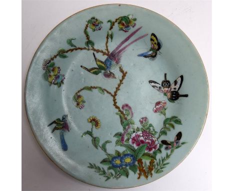 A 19th century Chinese Celadon glazed enamel painted butterfly plate