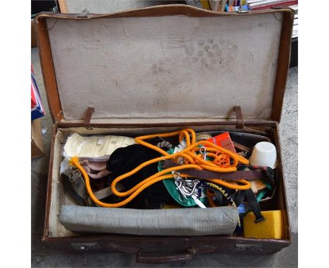 A mixed quantity of tack cleaning and grooming equipment, head collar, gloves, whips, hunting tie, tie pin, and other items